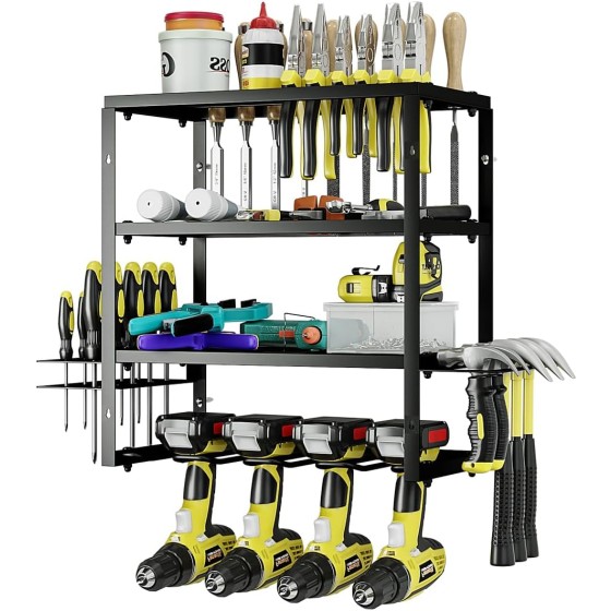 AZERPIAN Tool Organizer Heavy Duty Power Wall Mount for Drill and Cordless Tools Heavy Duty Rack for Garage Organization Workshop Pegboard (3 Layers 4 Slots)