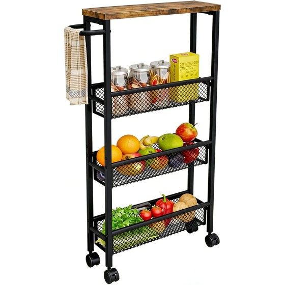 AZERPIAN Slim Rolling Cart 4 Tier Narrow Storage Cart on Wheels with MDF Board Top and Metal Handle for Small Space Kitchen Living Room Home Office Pantry Bathroom Laundry Room(16.54×5.12×30.31 inch)